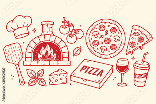 Hand drawn pizza set with oven, chef hat, ingredients and drinks