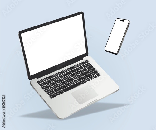 Falling laptop and smartphone mockup isolated