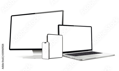 Realistic devices screen mockup. Smartphone, tablet, laptop and display monitor with blank screen.