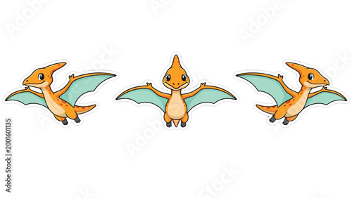 Three Cute Cartoon Pterodactyls Flying Illustration Set on White Background