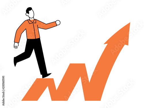 Man walks up a rising orange arrow vector illustration. Career growth, financial success, business motivation, market trends, personal development, goal achievement. Professional climbing a chart.