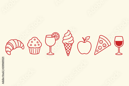 Set of food and drink icons including croissant, muffin, pizza and wine