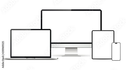 Mockup set of device. Realistic set of monitor, laptop, tablet, smartphone.