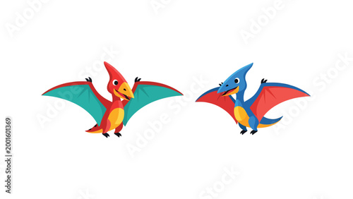 Two cute cartoon flying Pterodactyl dinosaurs illustration