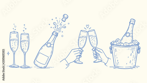 Champagne celebration set with glasses, bottle, and ice bucket