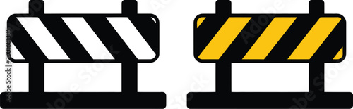 Road barrier, illustration, two striped barriers in black and white and black and yellow isolated on white background for construction safety traffic control and hazard warning design.