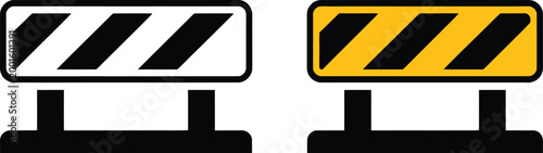 Road barrier, illustration, clean vector graphic of two safety barriers with black white and yellow stripes on white background for roadwork signage and construction visuals.