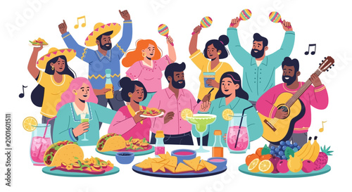 A cheerful group celebrating Cinco de Mayo with music, maracas, and traditional Mexican food, including tacos and nachos, gathered around a table in a vibrant, colorful illustration