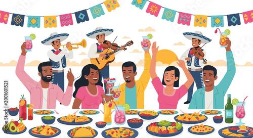 A festive illustration celebrating Cinco de Mayo depicts people raising glasses and playing musical instruments at a table laden with traditional Mexican food, set against a white