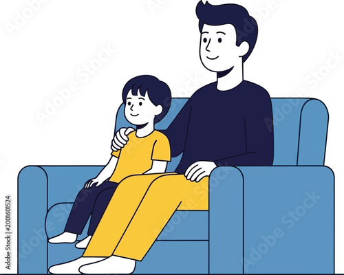 Affectionate father and son sitting happily on a sofa, celebrating family bond.