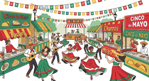 A festive Cinco de Mayo celebration is underway with dancers in traditional attire performing in a lively outdoor market, adorned with colorful banners and food stalls, creating a vibrant