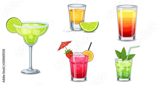 A bright, vibrant Cinco de Mayo themed illustration showcases a variety of colorful cocktails, including margaritas and tequila shots, presented in a clean, graphic style against a stark