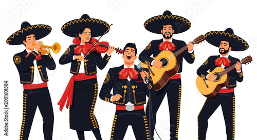A festive mariachi band, dressed in traditional black suits and sombreros, performs with a trumpet, violin, and guitars against a clean white background for a vibrant Cinco de Mayo