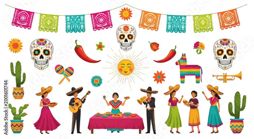 Vibrant Cinco de Mayo illustration featuring traditional Mexican decorations, including sugar skulls, a piñata, and papel picado banners, set against a clean white background with a festive