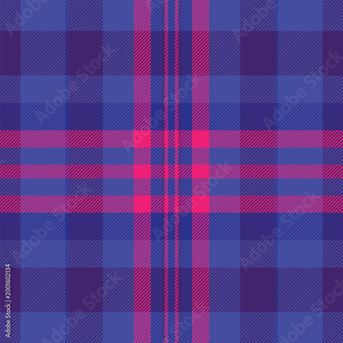 Choose tartan texture seamless, customizable background check fabric. 1960s pattern textile plaid vector in indigo and violet colors.