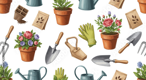 Gardening tools and plants, potted flowers, watering cans, gloves, and seed packets on white background