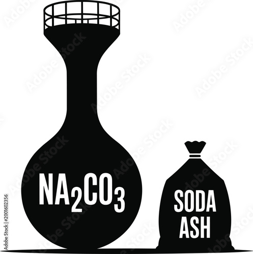 Soda ash chemical container and a heavy storage sack are labeled clearly to represent the industrial production and distribution of chemical compounds for global manufacturing supply chains.