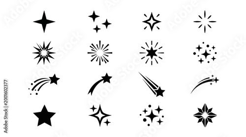 Collection of starbursts, shooting stars, and twinkling star icons, representing sparkle, magic, and cosmic elements
