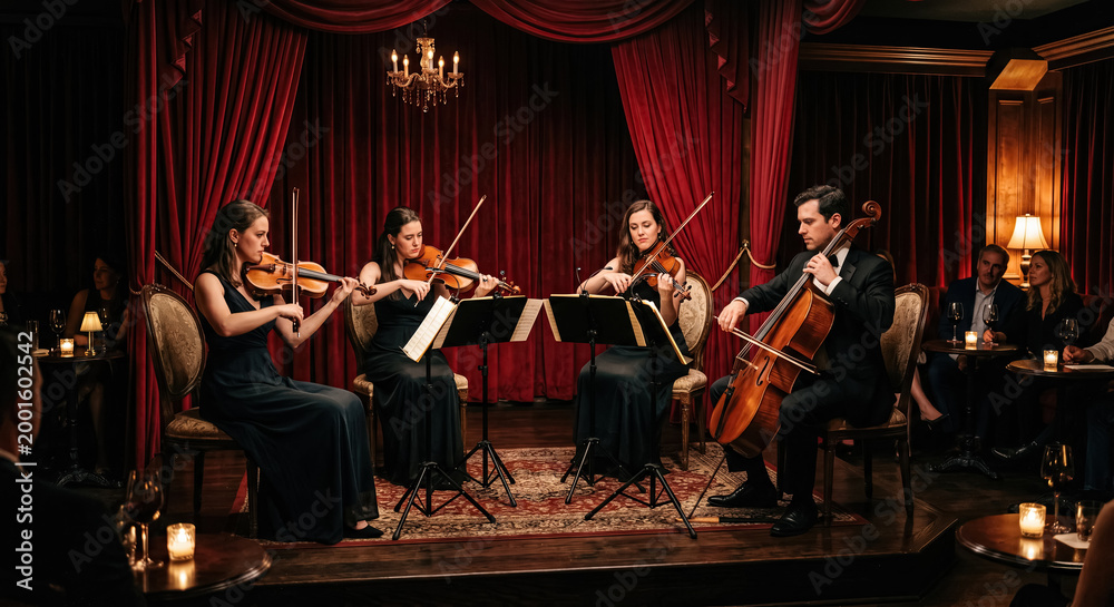 Fototapeta premium String quartet performing chamber music in intimate salon.generative AI