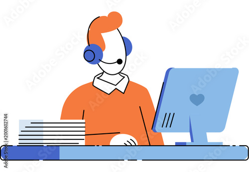 Male call center operator with headset and computer monitor vector illustration. Customer support, help desk, telemarketing, remote work, online assistance, communication. Support agent at desk.