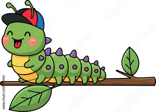 Cute Cartoon Caterpillar Wearing Cap Sitting on Branch with Leaves for Kids, Nature, and Children Book Illustration Designs