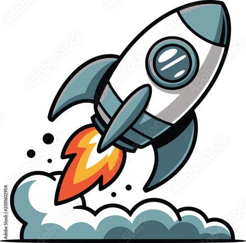 Rocket ship launches upward leaving a trail of fire and smoke to represent rapid business growth, innovation, and technological advancement in a modern digital graphic illustration format for web.