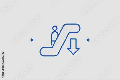Escalator down line icon for directing passengers to baggage claim or lower terminal levels. Clear vector illustration for airport facility maps and transit hub wayfinding systems.