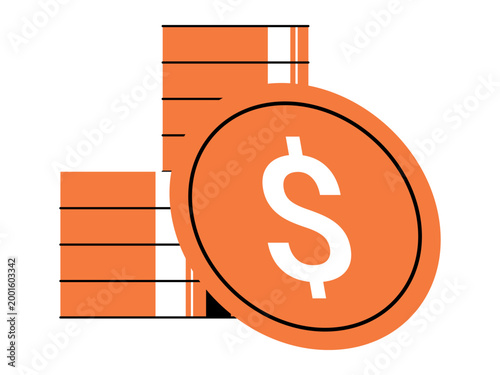 Stacked orange coins with a dollar sign vector illustration. Financial growth, banking services, personal savings, investment strategy, economy management, profit. Money stacks with currency symbol.
