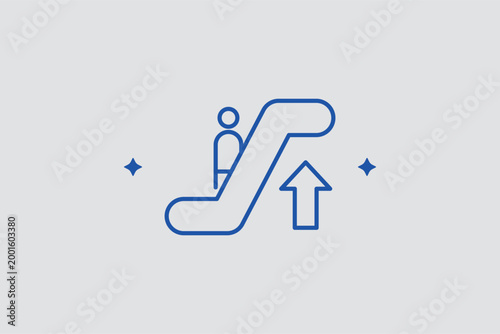 Escalator up line icon for identifying terminal floor level changes and passenger movement. Informational vector illustration for airport wayfinding signage and indoor navigation mobile apps.