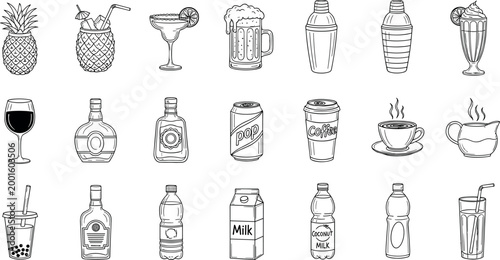 Drinks and Beverages Icon Set with Cocktail, Beer, Coffee, Juice, Milk, and Bottle for Bar, Cafe, and Menu Concept Designs