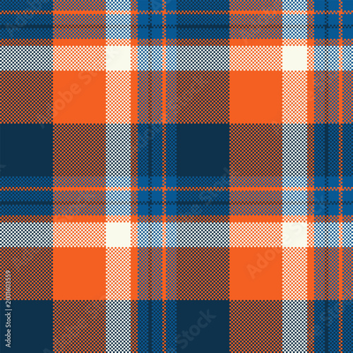 A dynamic blue and orange tartan pattern with a unique pixelated weave. Ideal for highcontrast fashion backgrounds, cozy home decor designs, or eyecatching digital scrapbooking projects.