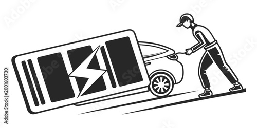 Illustration of a person charging an electric vehicle with a large battery icon electric car eco friendly electric mobility electric power zero emission charging station electric transport