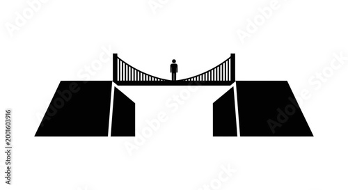 Minimalist black and white bridge silhouette over deep valley at dusk with single streetlight glowing softly