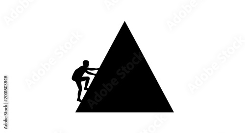 Silhouette of determined hiker pushing against steep mountain slope during challenging ascent at dusk