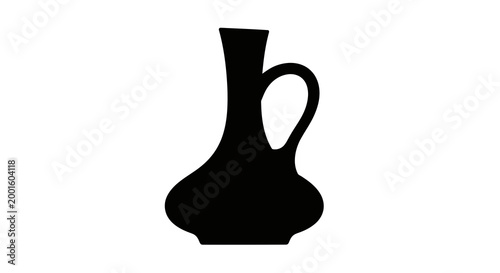 Elegant black ceramic vase with a slender neck and curved handle on a minimalist white background