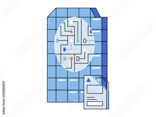 Magnifying glass over a server rack showing internal logic vector illustration. Data analysis, cloud computing, cybersecurity, system audit, database management, tech support. Lens over hardware