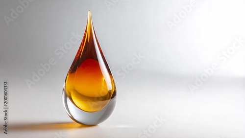 Elegant teardrop-shaped glass sculpture with a translucent amber core on a minimalist light gray background with soft shadows.
