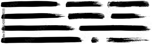 Manual flat goat hair brush strokes set. Natural soft hair textures and hand-painted black ink stripes. Organic artistic lines created with traditional material on white paper.