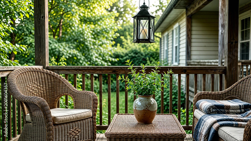 Cozy Porch with Wicker Chairs, Cushions, Table, Blanket, and Green Foliage
