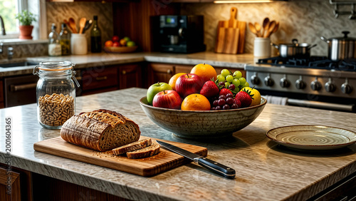 Modern Kitchen with Marble Countertop, Bread Loaf, Fruit Bowl, and Cozy Setup
