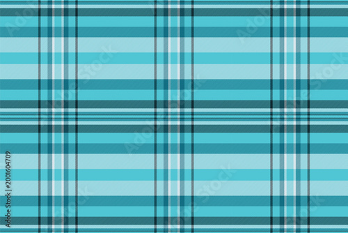 Aged tartan fabric check, tissue plaid textile background. Indigo pattern vector seamless texture in cyan and white colors.