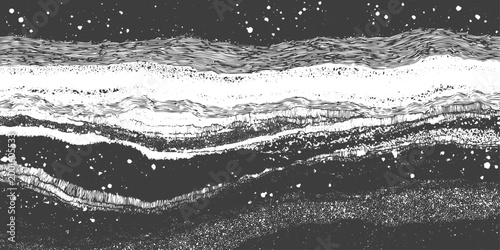 Abstract Black and White Landscape with Hand Drawn Geological Layers and Textured Night Sky