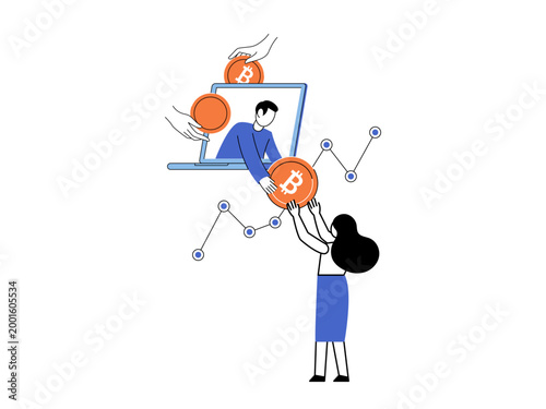 A man hands a bitcoin coin to a woman from a laptop screen vector illustration. Online trading, fintech, crypto exchange, investing, blockchain, banking. Person gives money from computer to female