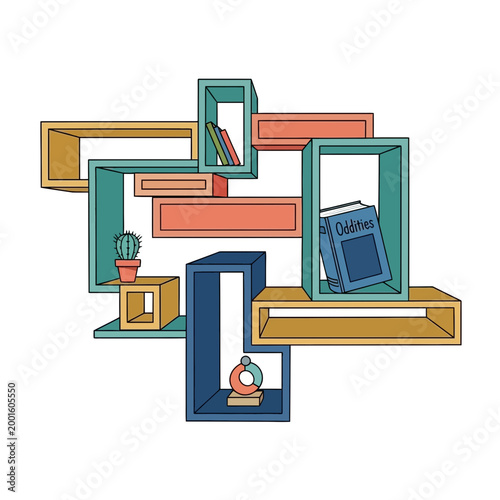 Modern wall shelves with books, cactus, and decor