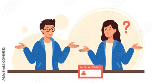 Confused coworkers, shrugging, question mark, discussion, business meeting, office workers, puzzled, uncertainty, vector illustration, flat design, blue jackets, white background