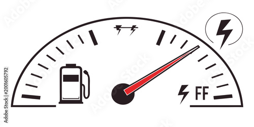 Electric vehicle dashboard meter indicating full charge status with black and white energy efficiency battery life power level electric car dashboard electric indicator speedometer technology