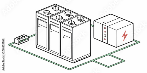 Industrial battery storage system illustration showing electrical control cabinets and power transformer unit for energy management with industrial electrical transformer infrastructure technology