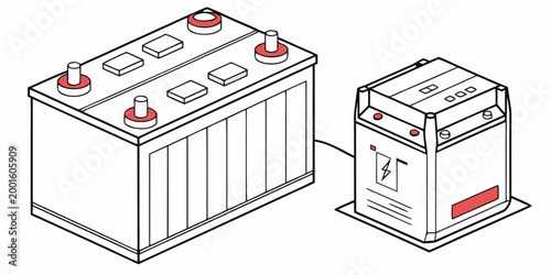 Isometric line art illustration of a lead acid car battery connected to an electric power unit or generator for energy storage and charging concepts with generator charging electric isometric