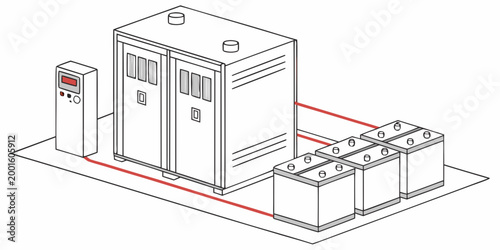 Isometric view of a power conversion system with multiple battery racks and control interface for industrial renewable energy storage management industrial converter inverter connection facility
