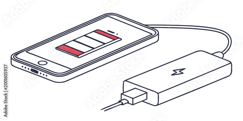 Mobile smartphone with critical low battery indicator being charged by external portable power bank via usb cable smartphone powerbank charging portable external electronic technology electric